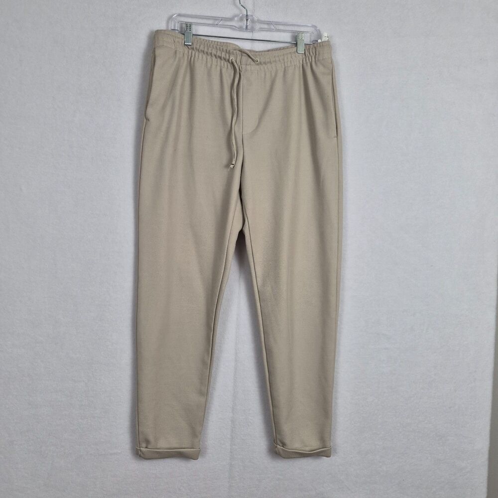 Zara Pants Womens Large Neutral Gingham Pull On Tapered Elastic Waist Office